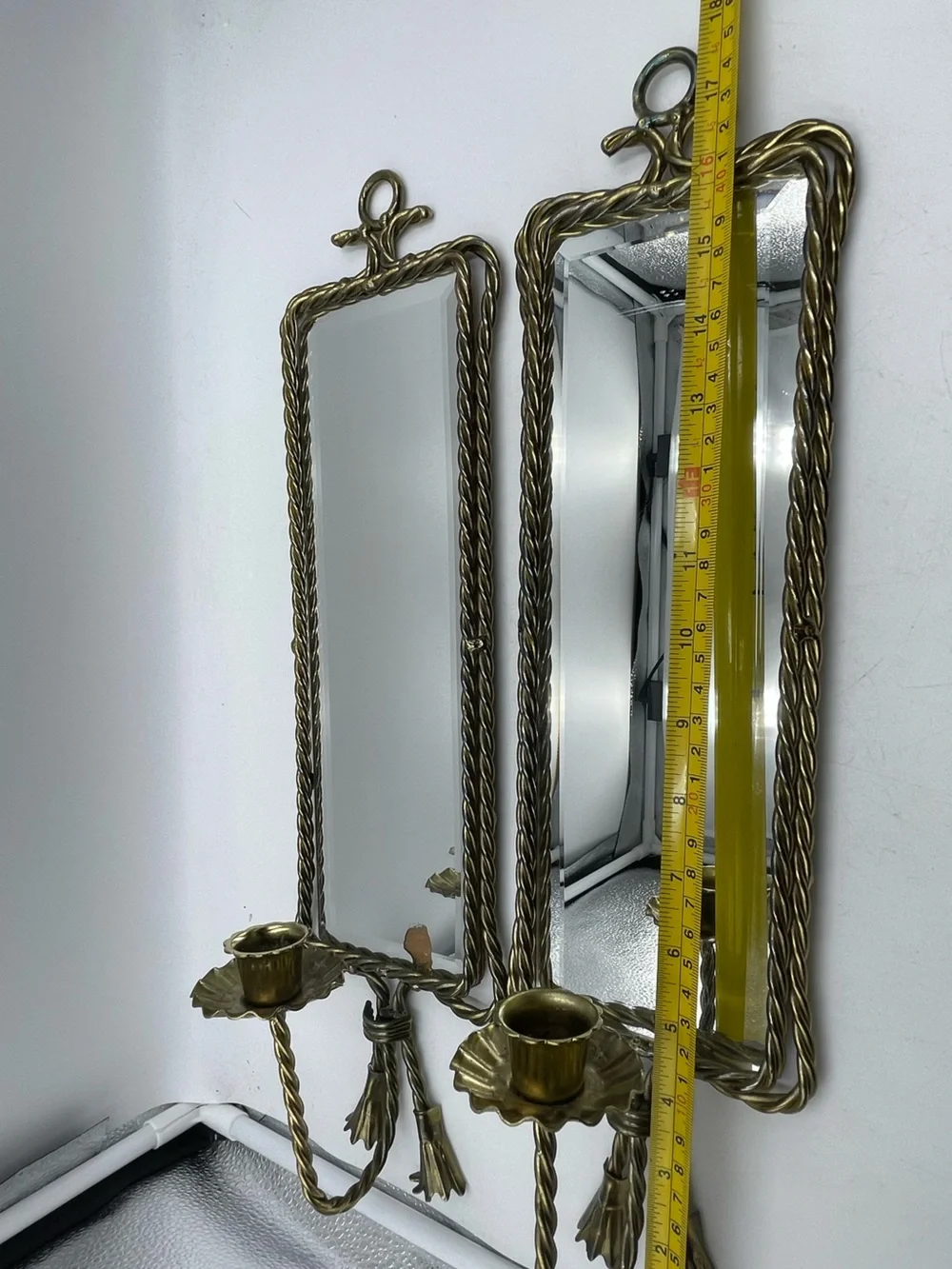 2 Mid Century Hollywood Regency Brass Rope & Tassel Mirrored Candle Wall Sconces